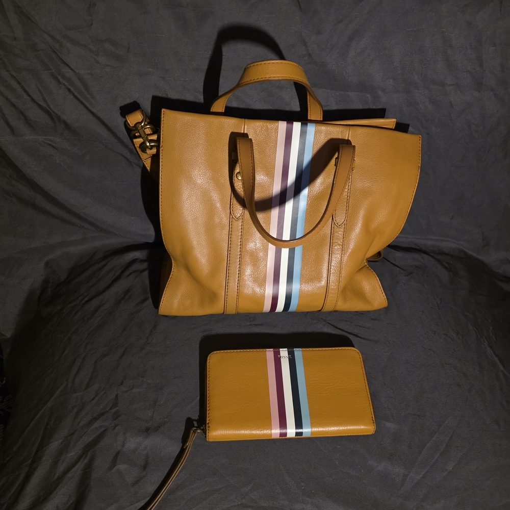 Mustard (Tan) Fossil Tote Bag with Matching Wallet